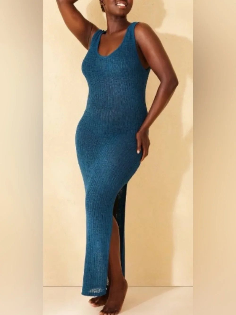 NWT Shade & Shore Teal Blue Knit Sleeveless Maxi Dress/Swimsuit Cover w/ Slit